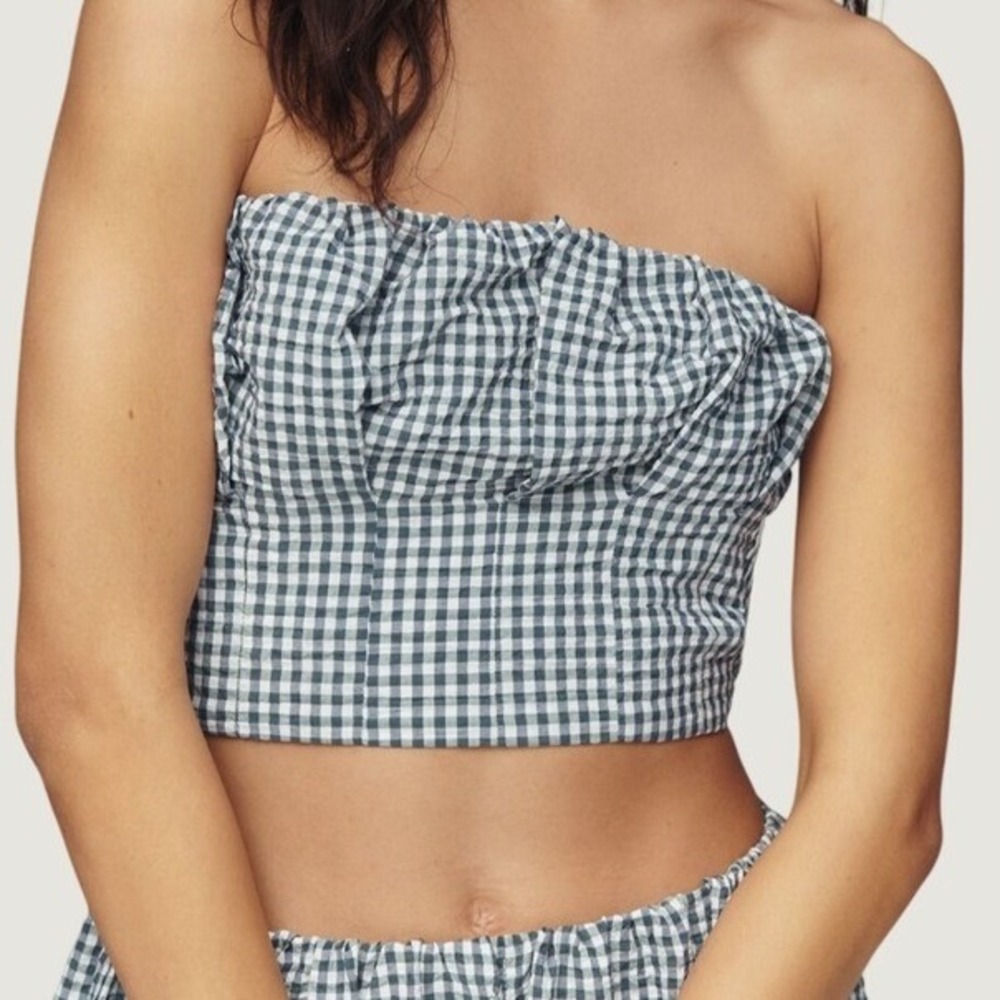 Maeve Gingham Tube Top Size M Blue Plaid Strapless Smocked Crop Top